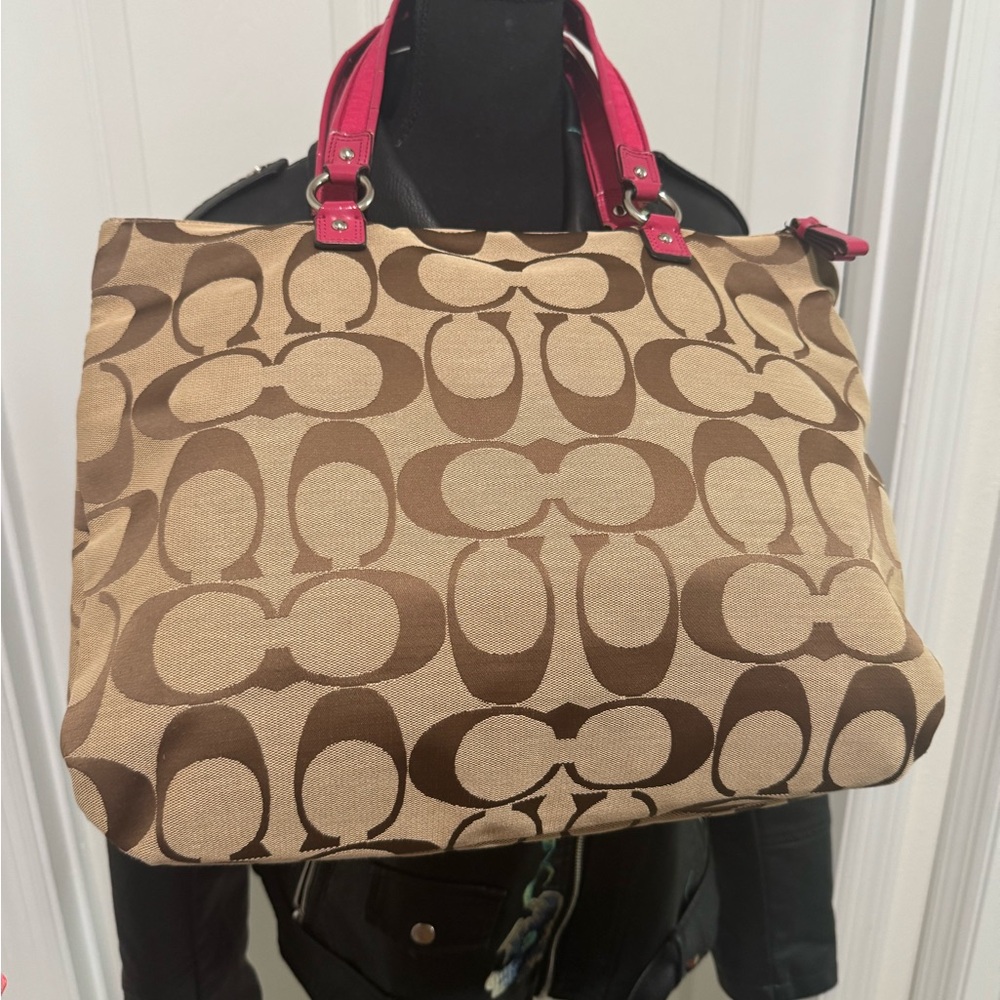 Coach Poppy Brown and Fuchsia Canvas Tote - Picture 7 of 13